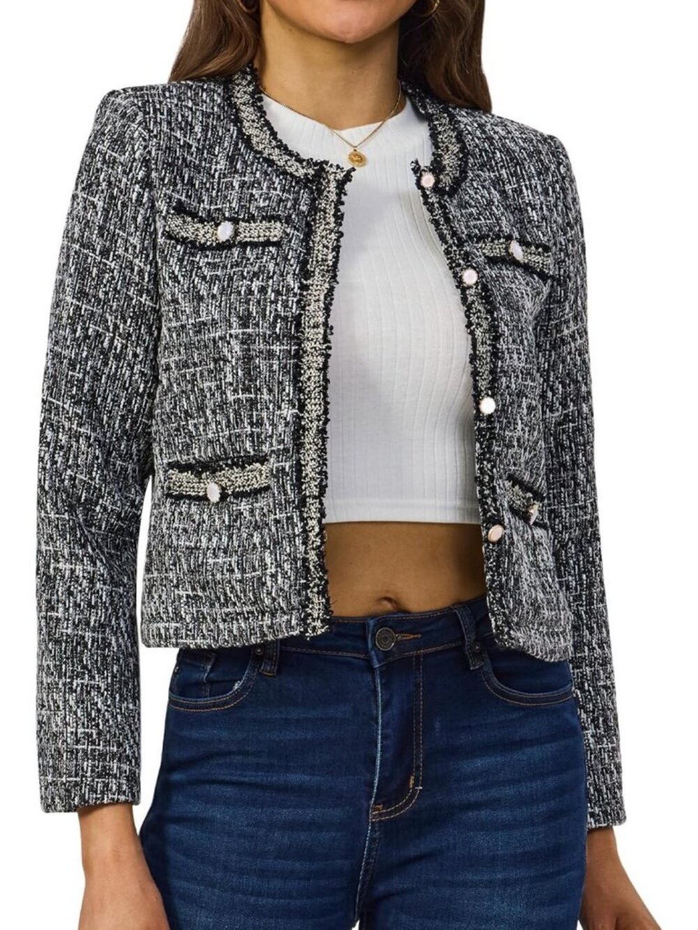 Chic Women's Cropped Tweed Blazer Jacket - Long Sleeve, Collarless, Plaid Style